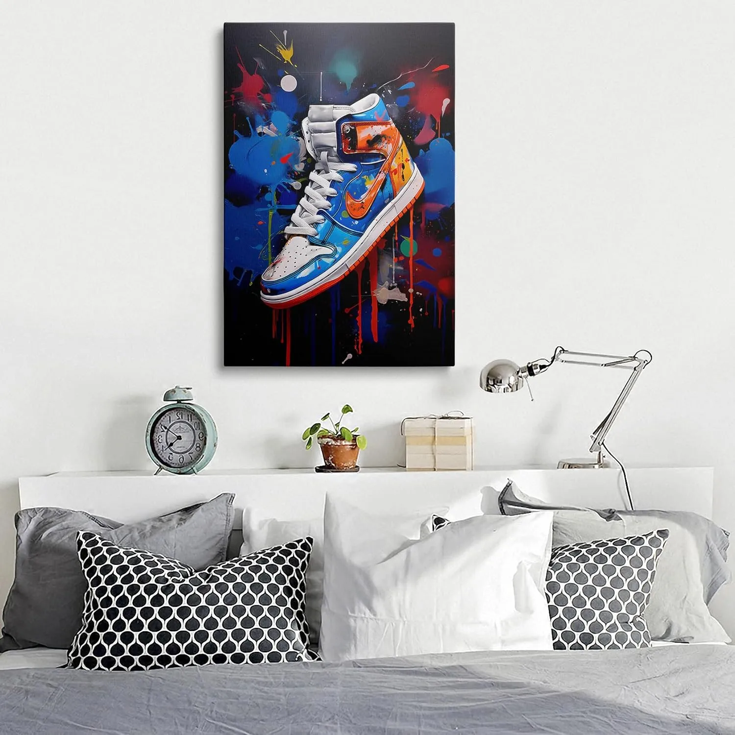 Framed Trendy Cool Banksy Graffiti Pop Sneaker Shoe Canvas Wall Art Gym Sports Decor Poster For Living Room Bedroom Home Office Artwork Gift Ready To Hang(16x24 Inches)