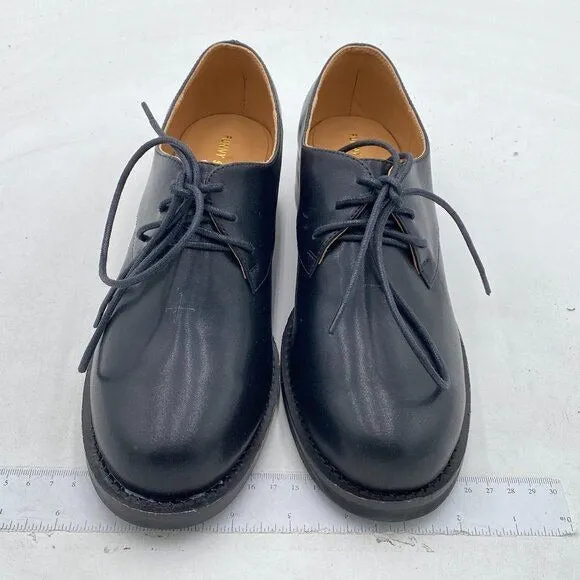 FSJ Black Leather Classic Lace up Flat Oxford Low Heel Round Toe Dress Pump