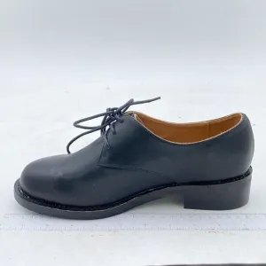 FSJ Black Leather Classic Lace up Flat Oxford Low Heel Round Toe Dress Pump