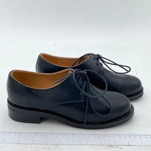 FSJ Black Leather Classic Lace up Flat Oxford Low Heel Round Toe Dress Pump