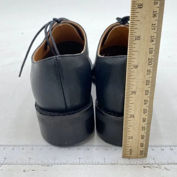 FSJ Black Leather Classic Lace up Flat Oxford Low Heel Round Toe Dress Pump