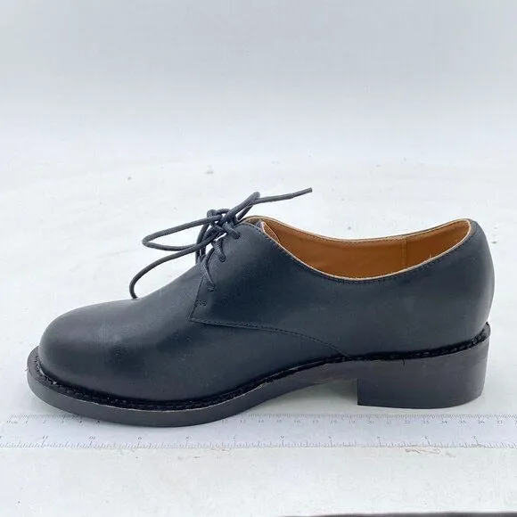 FSJ Black Leather Classic Lace up Flat Oxford Low Heel Round Toe Dress Pump