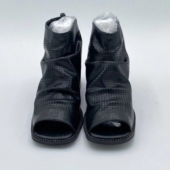 FSJ Black Peep Open Toe Slouchy Low Block Heel Ankle Booties Zipper Shoes
