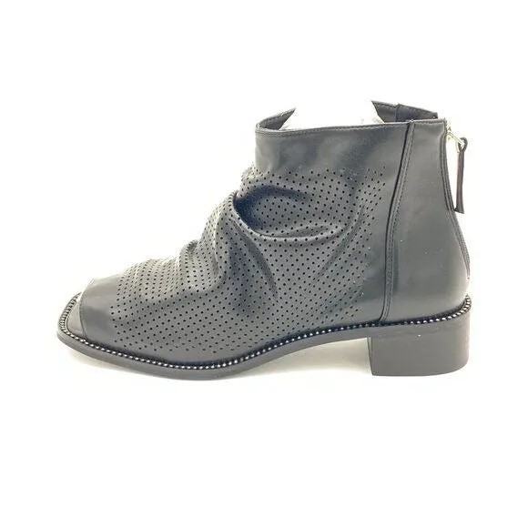 FSJ Black Peep Open Toe Slouchy Low Block Heel Ankle Booties Zipper Shoes