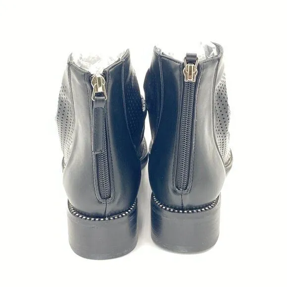 FSJ Black Peep Open Toe Slouchy Low Block Heel Ankle Booties Zipper Shoes