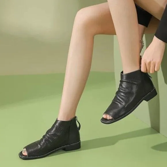 FSJ Black Peep Open Toe Slouchy Low Block Heel Ankle Booties Zipper Shoes