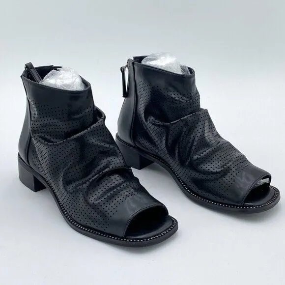 FSJ Black Peep Open Toe Slouchy Low Block Heel Ankle Booties Zipper Shoes