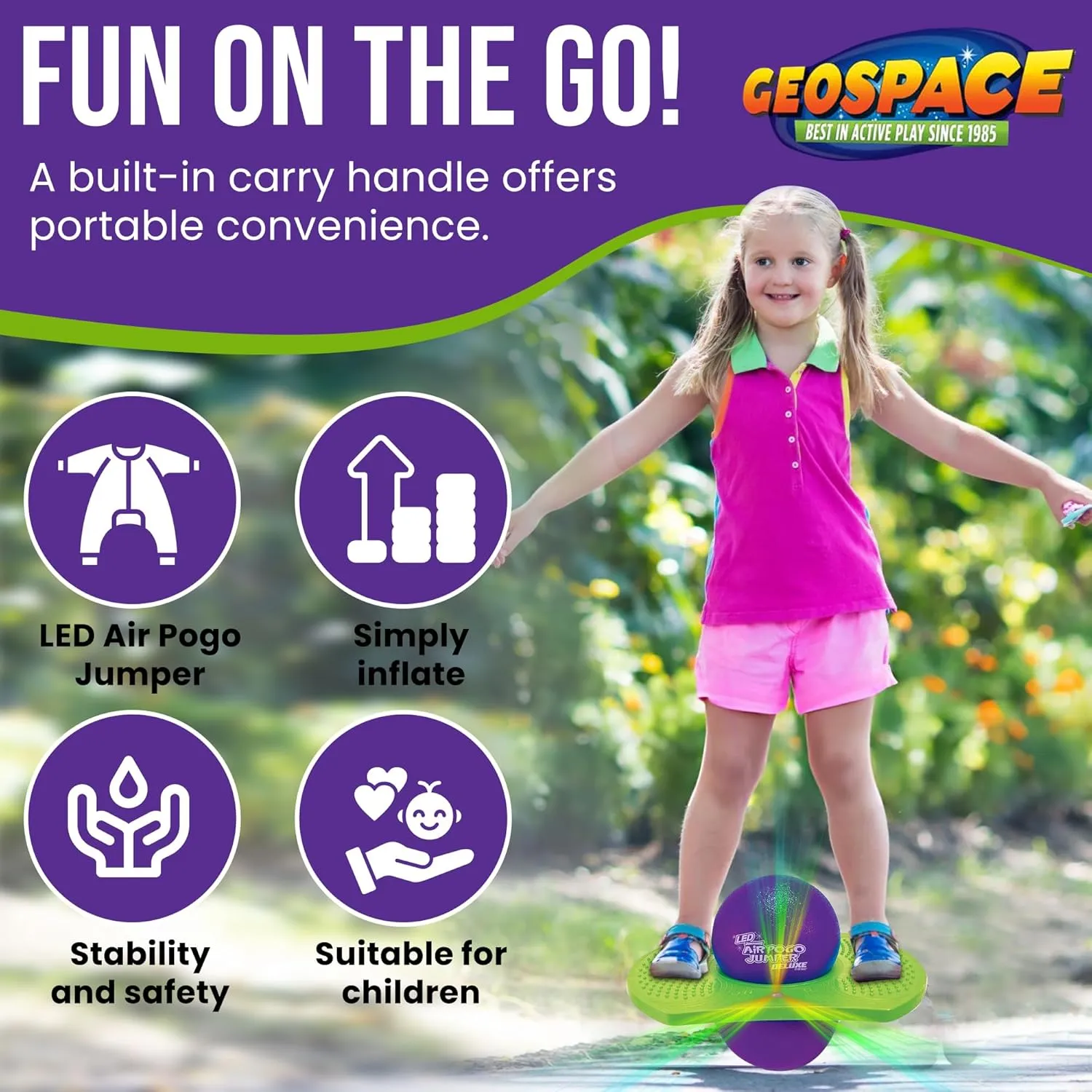 Geospace Original LED AIR POGO Jumper Deluxe with Motion-Activated Lights, Indoor or Outdoor Trick Bounce Board for Boys, Girls, Teens Ages 6  or up to 160 lbs, Pump Included (Purple/Green)