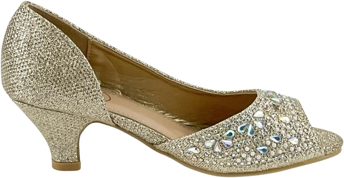 Girls Fashion Kitten Heels - Glittering Rhinestone Dress Shoes for Kids - Peep Toe Low Pump Sandals for Fancy Events - Great for Weddings, Pageants, Church, and More