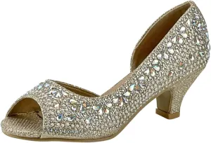 Girls Fashion Kitten Heels - Glittering Rhinestone Dress Shoes for Kids - Peep Toe Low Pump Sandals for Fancy Events - Great for Weddings, Pageants, Church, and More