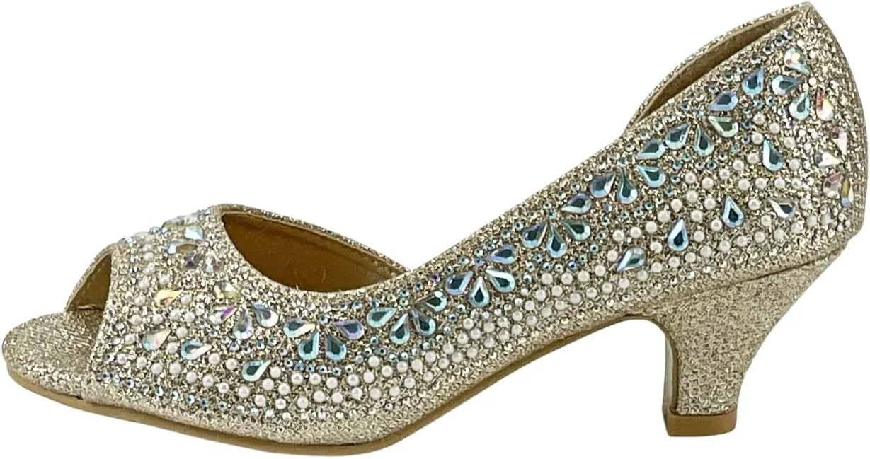 Girls Fashion Kitten Heels - Glittering Rhinestone Dress Shoes for Kids - Peep Toe Low Pump Sandals for Fancy Events - Great for Weddings, Pageants, Church, and More