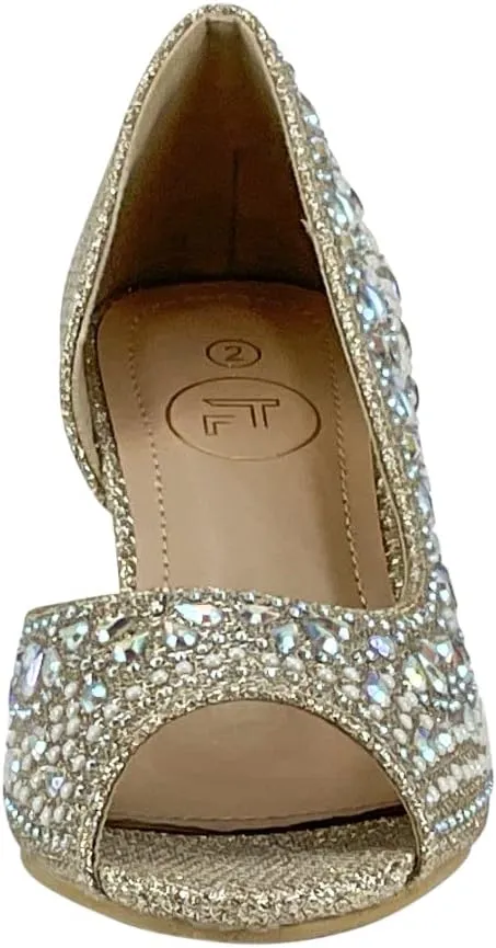 Girls Fashion Kitten Heels - Glittering Rhinestone Dress Shoes for Kids - Peep Toe Low Pump Sandals for Fancy Events - Great for Weddings, Pageants, Church, and More