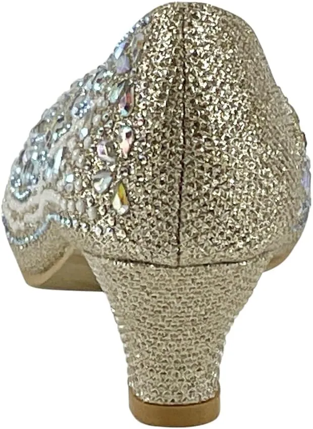 Girls Fashion Kitten Heels - Glittering Rhinestone Dress Shoes for Kids - Peep Toe Low Pump Sandals for Fancy Events - Great for Weddings, Pageants, Church, and More