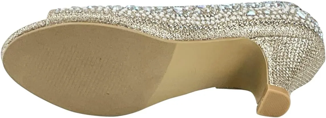 Girls Fashion Kitten Heels - Glittering Rhinestone Dress Shoes for Kids - Peep Toe Low Pump Sandals for Fancy Events - Great for Weddings, Pageants, Church, and More