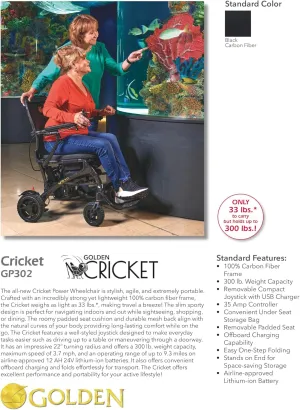 Golden Technologies Cricket - Lightest Manual Folding Power Wheelchair in its Class - Carbon Fiber Frame - Weighs 39.3 lbs Total (33 lbs Without Battery) - Airline & Cruise-Approved Lithium Battery