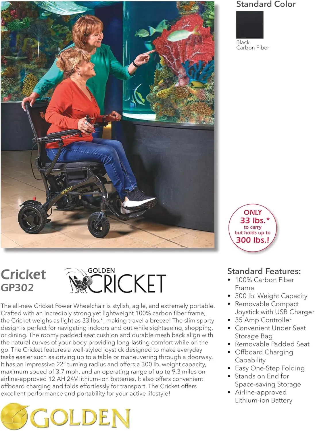 Golden Technologies Cricket - Lightest Manual Folding Power Wheelchair in its Class - Carbon Fiber Frame - Weighs 39.3 lbs Total (33 lbs Without Battery) - Airline & Cruise-Approved Lithium Battery