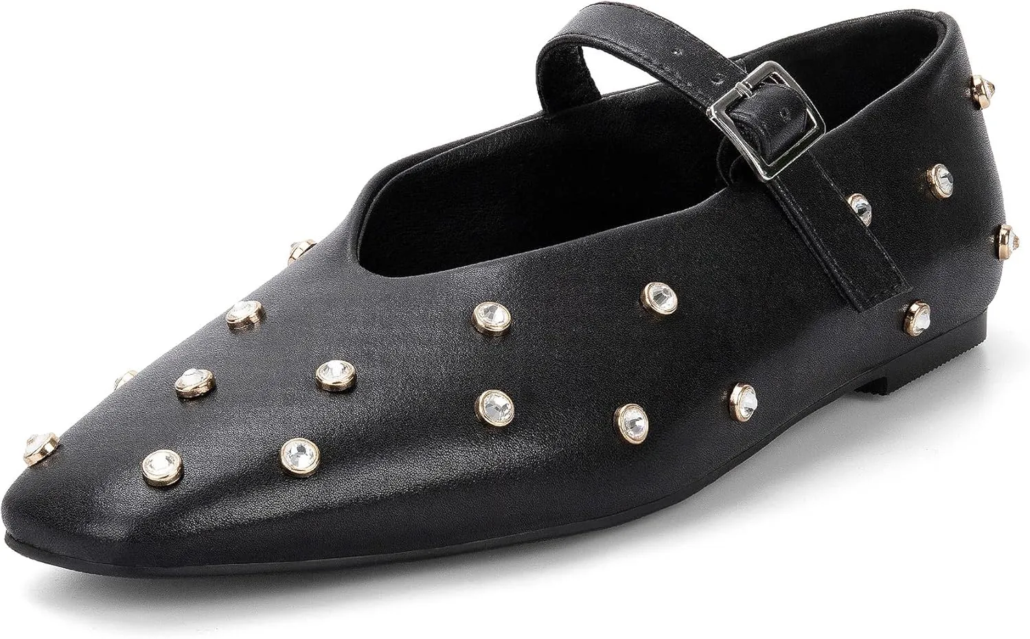 Goolita Sparkly Rhinestone Flats for Women, Square Toe Low Heel Studded Balle Flats Shoes Comfortable Buckle Strap Mary Jane Shoes