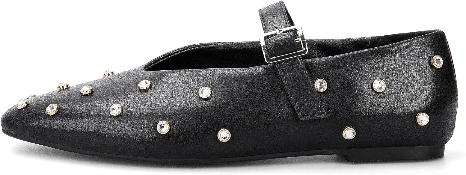 Goolita Sparkly Rhinestone Flats for Women, Square Toe Low Heel Studded Balle Flats Shoes Comfortable Buckle Strap Mary Jane Shoes