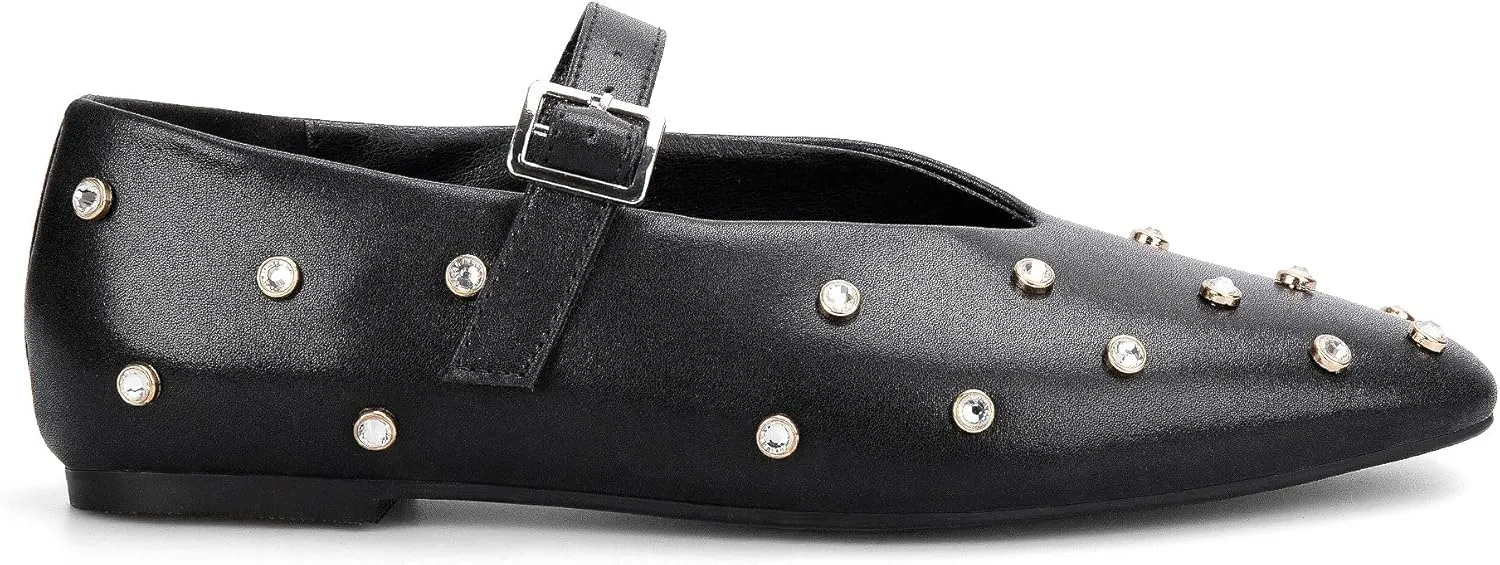 Goolita Sparkly Rhinestone Flats for Women, Square Toe Low Heel Studded Balle Flats Shoes Comfortable Buckle Strap Mary Jane Shoes