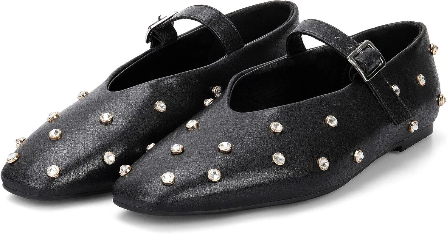 Goolita Sparkly Rhinestone Flats for Women, Square Toe Low Heel Studded Balle Flats Shoes Comfortable Buckle Strap Mary Jane Shoes