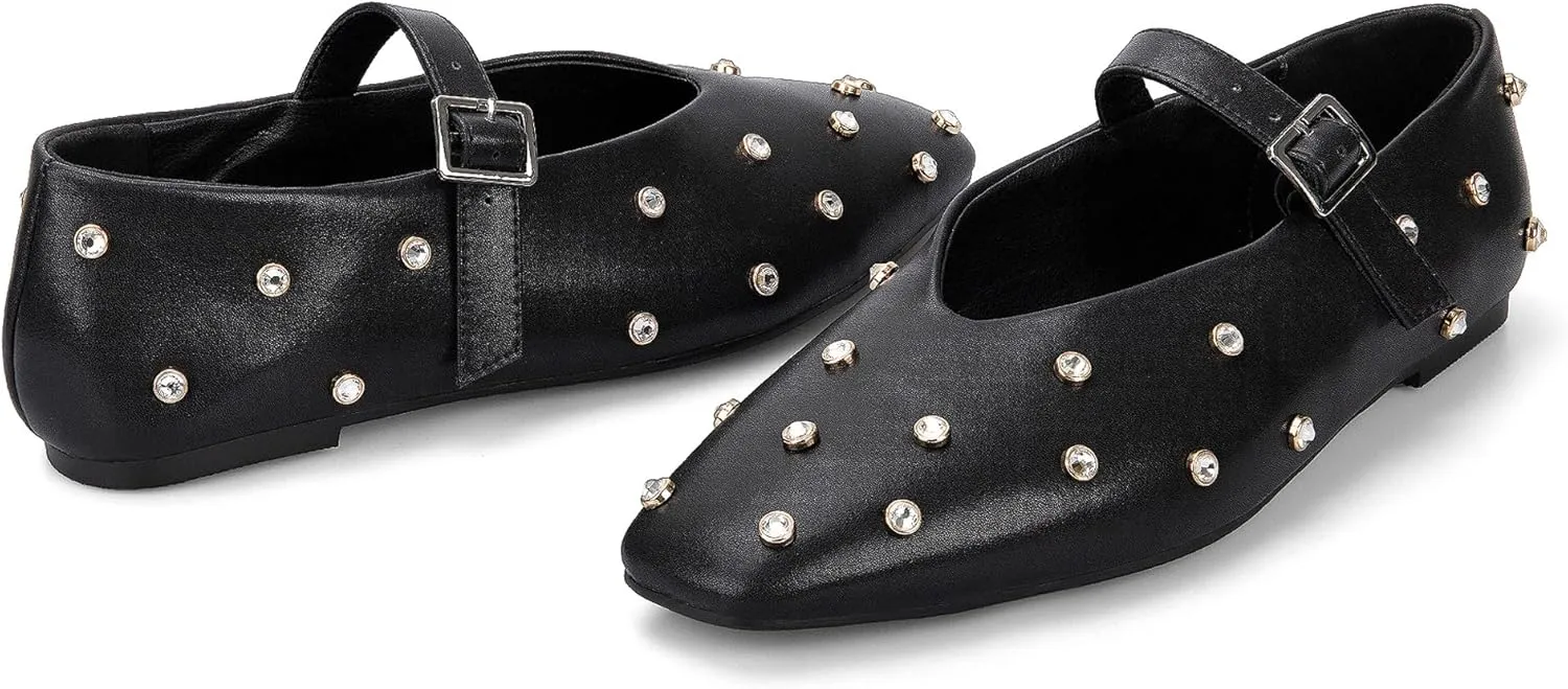 Goolita Sparkly Rhinestone Flats for Women, Square Toe Low Heel Studded Balle Flats Shoes Comfortable Buckle Strap Mary Jane Shoes