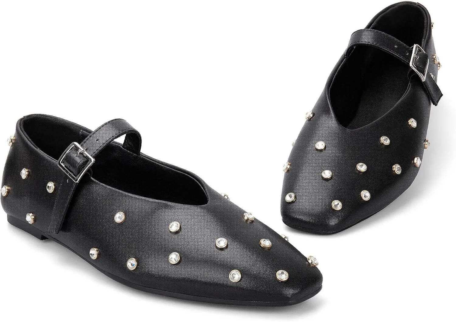 Goolita Sparkly Rhinestone Flats for Women, Square Toe Low Heel Studded Balle Flats Shoes Comfortable Buckle Strap Mary Jane Shoes