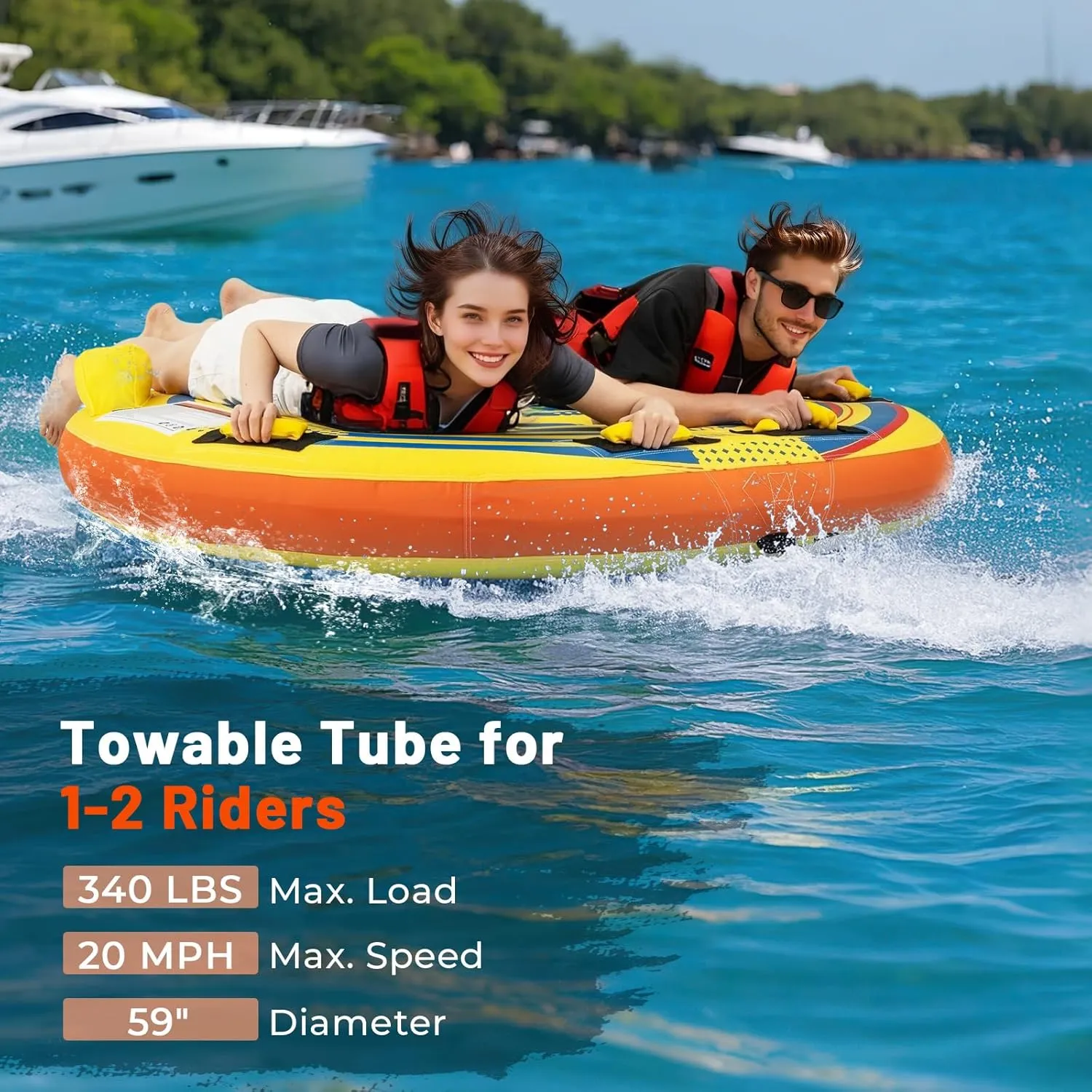 Goplus Towable Tube for Boating, 1-2/1-3 Riders Inflatable Boat Tube w/Quick Connector, Drainage, Stabilizer Fins, Floating Raft Water Sports Towables for Youth Adult