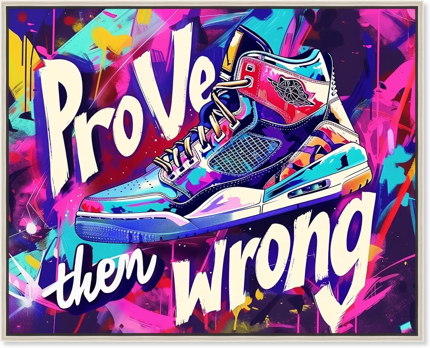 Graffiti Wall Sneaker Canvas Urban Sneaker Art, Silver Frame, 36" x 30"