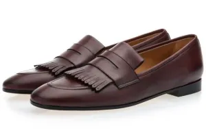 Handmade Leather Penny Loafer Shoes for Men with Brown Fringe