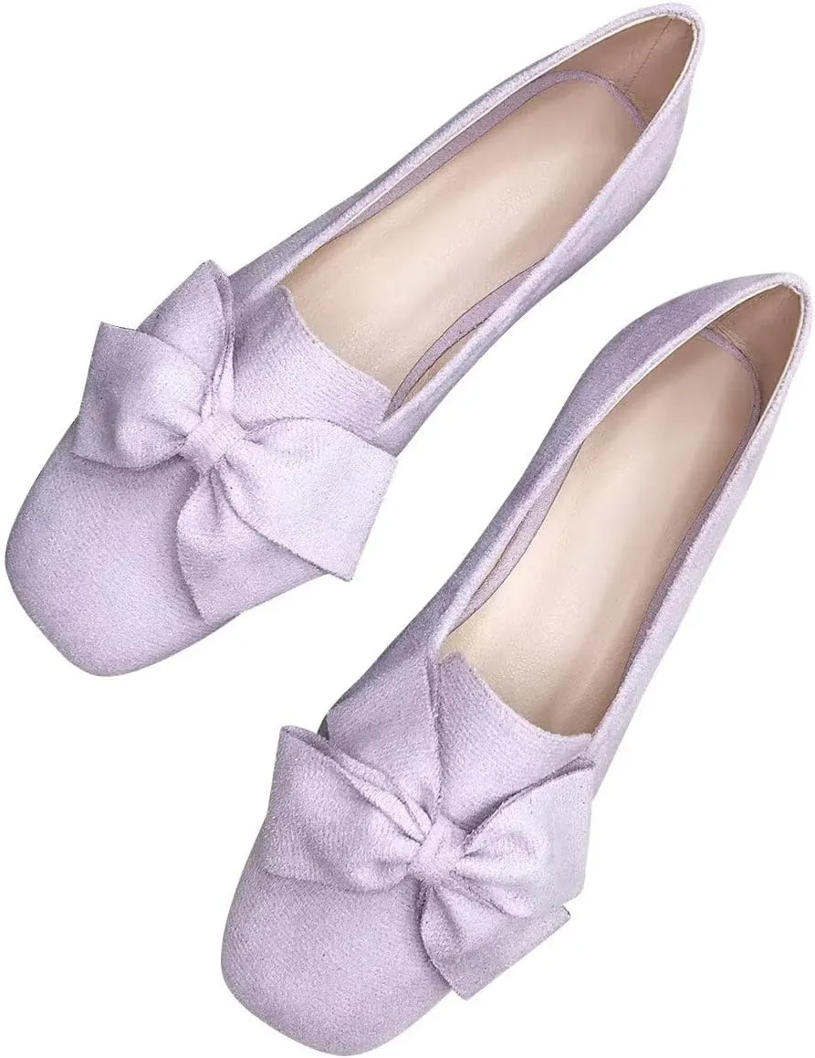 Hee grand Bowknot Ballet Flats for Women Square Toe Dressy Shoes Suede Comfort Slip-On Loafers Casual Women's Flats