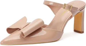 Heels for Women Closed Toe Bowkont Pumps Sexy Pointed Toe Ankle Buckle Strap Slip On Chunky Mid Heels Wedding Bridal Party Shoes