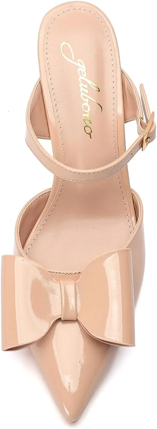 Heels for Women Closed Toe Bowkont Pumps Sexy Pointed Toe Ankle Buckle Strap Slip On Chunky Mid Heels Wedding Bridal Party Shoes