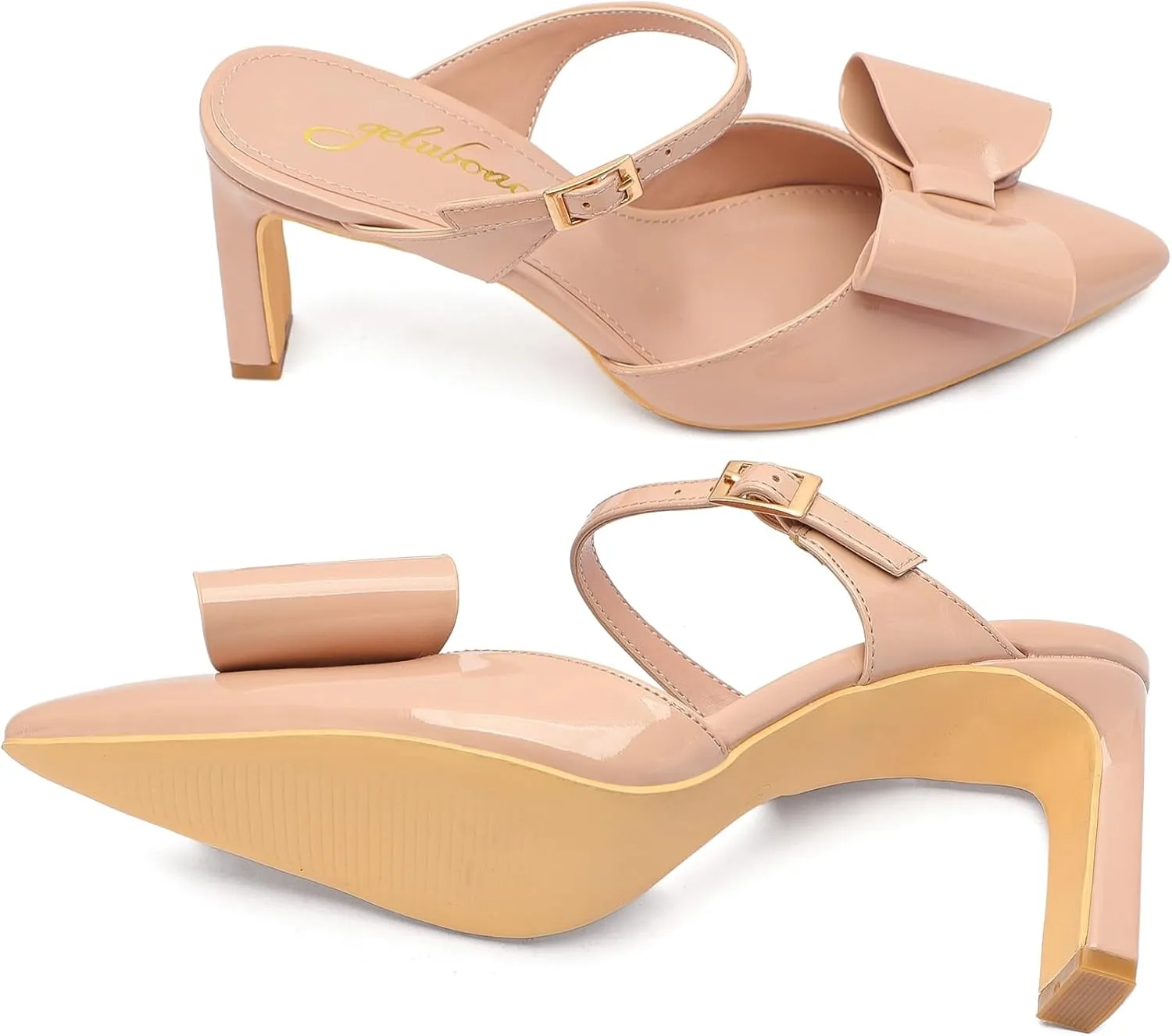 Heels for Women Closed Toe Bowkont Pumps Sexy Pointed Toe Ankle Buckle Strap Slip On Chunky Mid Heels Wedding Bridal Party Shoes