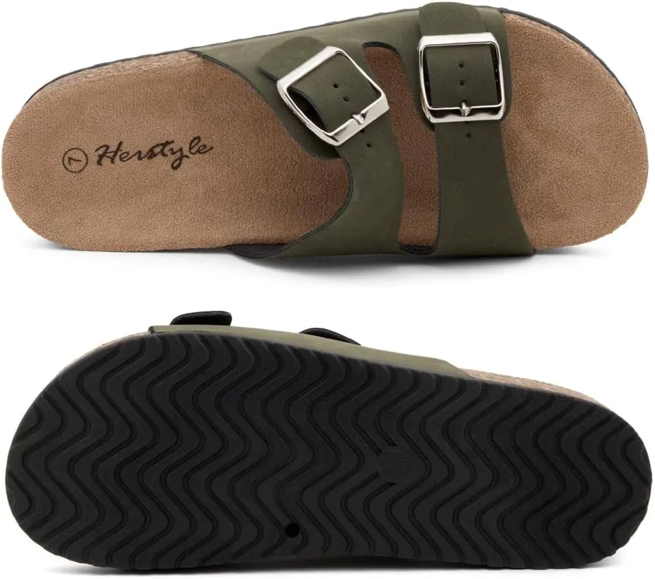 Herstyle Softey Womens Cork Footbed Sandals - Adjustable 2-Strap Comfort Slides | Slip On Open Toe Flat Sandals for Women | Summer Beach Casual Everyday Wear