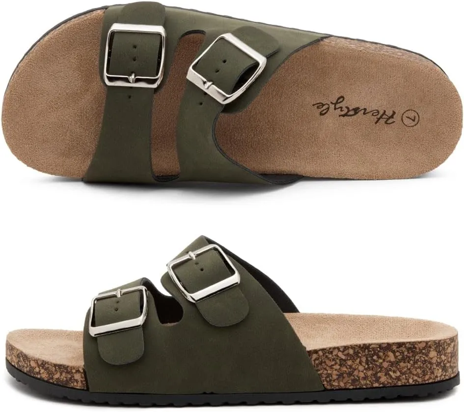 Herstyle Softey Womens Cork Footbed Sandals - Adjustable 2-Strap Comfort Slides | Slip On Open Toe Flat Sandals for Women | Summer Beach Casual Everyday Wear