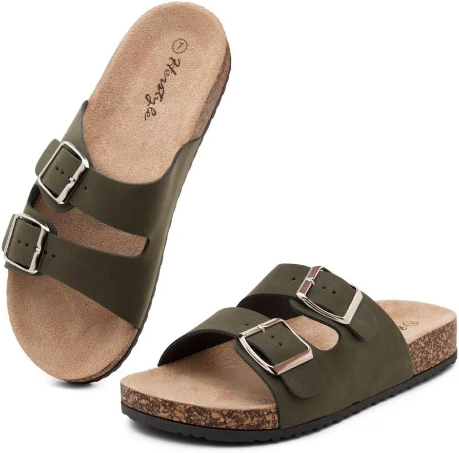 Herstyle Softey Womens Cork Footbed Sandals - Adjustable 2-Strap Comfort Slides | Slip On Open Toe Flat Sandals for Women | Summer Beach Casual Everyday Wear