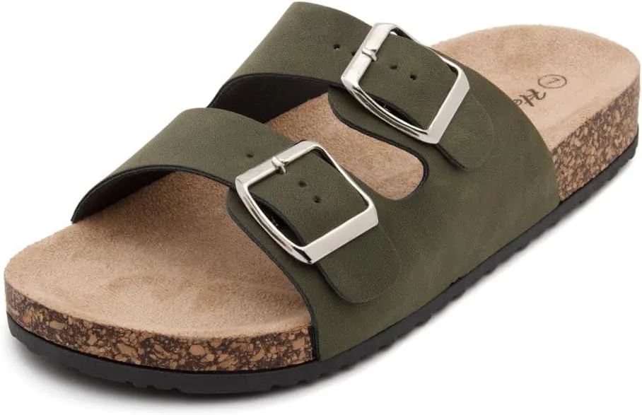 Herstyle Softey Womens Cork Footbed Sandals - Adjustable 2-Strap Comfort Slides | Slip On Open Toe Flat Sandals for Women | Summer Beach Casual Everyday Wear