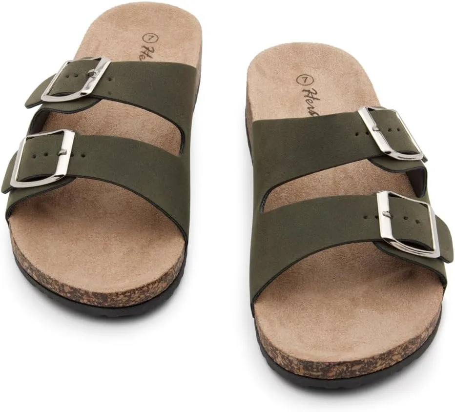Herstyle Softey Womens Cork Footbed Sandals - Adjustable 2-Strap Comfort Slides | Slip On Open Toe Flat Sandals for Women | Summer Beach Casual Everyday Wear