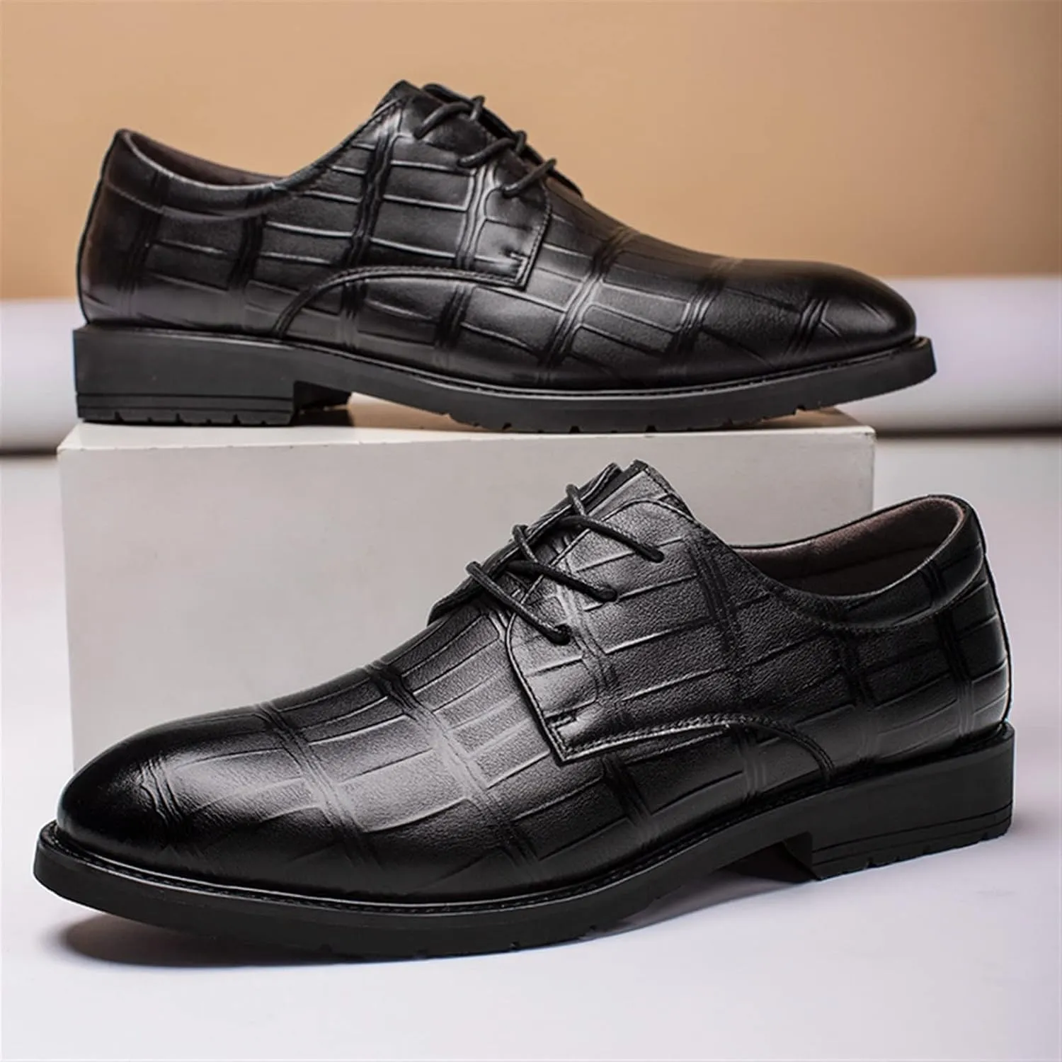 HOOENG Dress Oxford Formal Shoes for Men Lace Up Plaid Derby Shoes Leather Low Top Rubber Sole Slip Resistant Block Heel Wedding