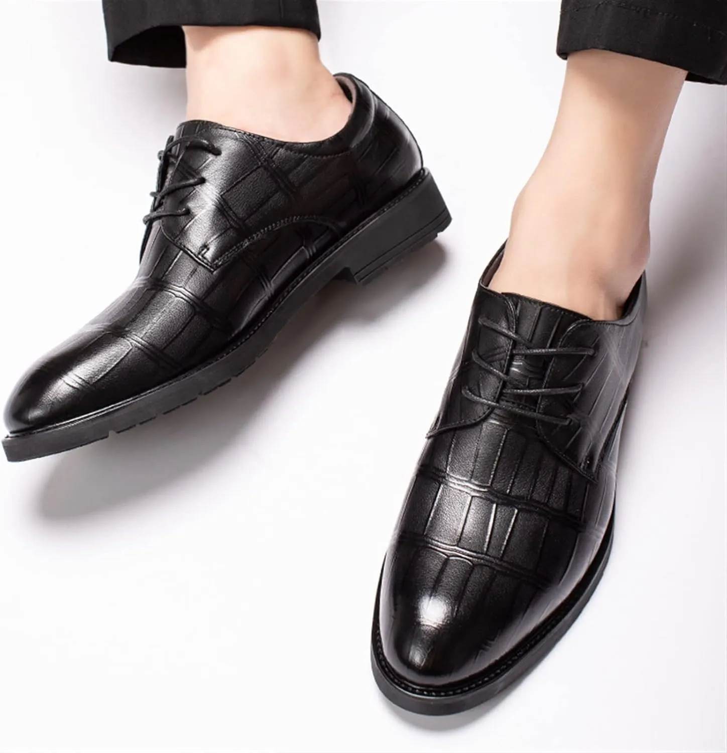 HOOENG Dress Oxford Formal Shoes for Men Lace Up Plaid Derby Shoes Leather Low Top Rubber Sole Slip Resistant Block Heel Wedding