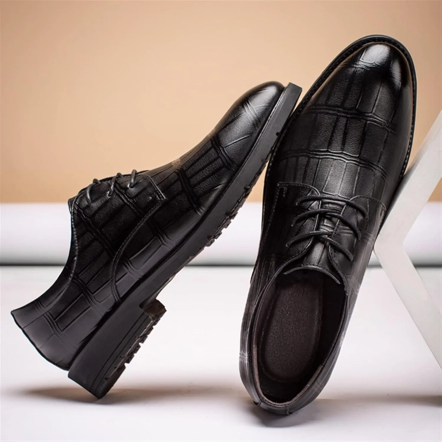 HOOENG Dress Oxford Formal Shoes for Men Lace Up Plaid Derby Shoes Leather Low Top Rubber Sole Slip Resistant Block Heel Wedding