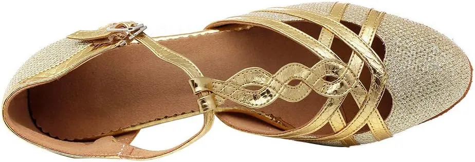 HROYL Women T-Strap Glitter Ballroom Dance Shoes Latin Salsa Tango Performence Dancing Pumps,YCL322