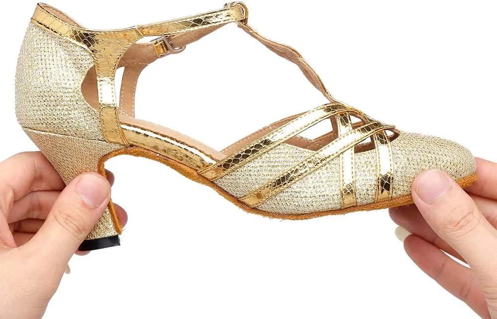 HROYL Women T-Strap Glitter Ballroom Dance Shoes Latin Salsa Tango Performence Dancing Pumps,YCL322