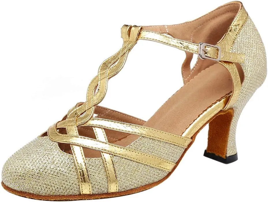 HROYL Women T-Strap Glitter Ballroom Dance Shoes Latin Salsa Tango Performence Dancing Pumps,YCL322