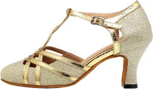 HROYL Women T-Strap Glitter Ballroom Dance Shoes Latin Salsa Tango Performence Dancing Pumps,YCL322