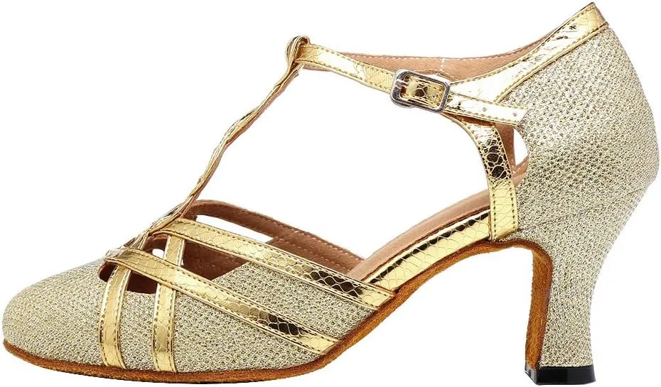 HROYL Women T-Strap Glitter Ballroom Dance Shoes Latin Salsa Tango Performence Dancing Pumps,YCL322