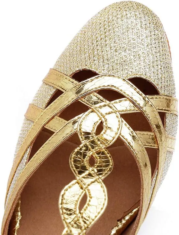 HROYL Women T-Strap Glitter Ballroom Dance Shoes Latin Salsa Tango Performence Dancing Pumps,YCL322