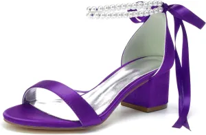 Hyinlays Women's Low Block Heel Wedding Shoes for Bride Open Toe Sandals Chunky Satin Pearl Prom Party Dress Shoes Comfortable Formal Pump Sandals