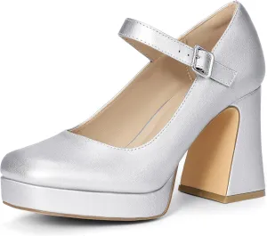 IDIFU IN4 Platform Mary Jane Shoes Women's Pumps High Chunky Square Closed Toe Heels Block Ankle Strap Work Wedding Prom Comfortable Dress Shoe Dressy Cute Trendy Vintage Heel Pump Shoes