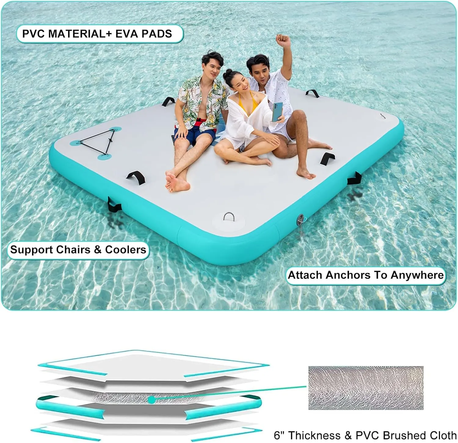 Inflatable Dock Floating Platform for Lakes 6 Inch Thick, Inflatable Island Water Floating Mats for Boating, River, Pool, Ocean, Inflatable Raft with Electric Air Pump